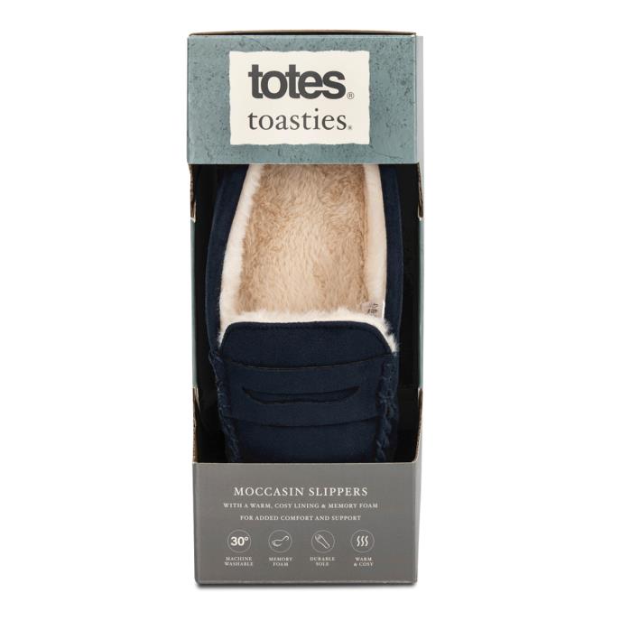 totes toasties® Mens Suedette Moccasin Slipper With Faux Fur Lining Navy Extra Image 7